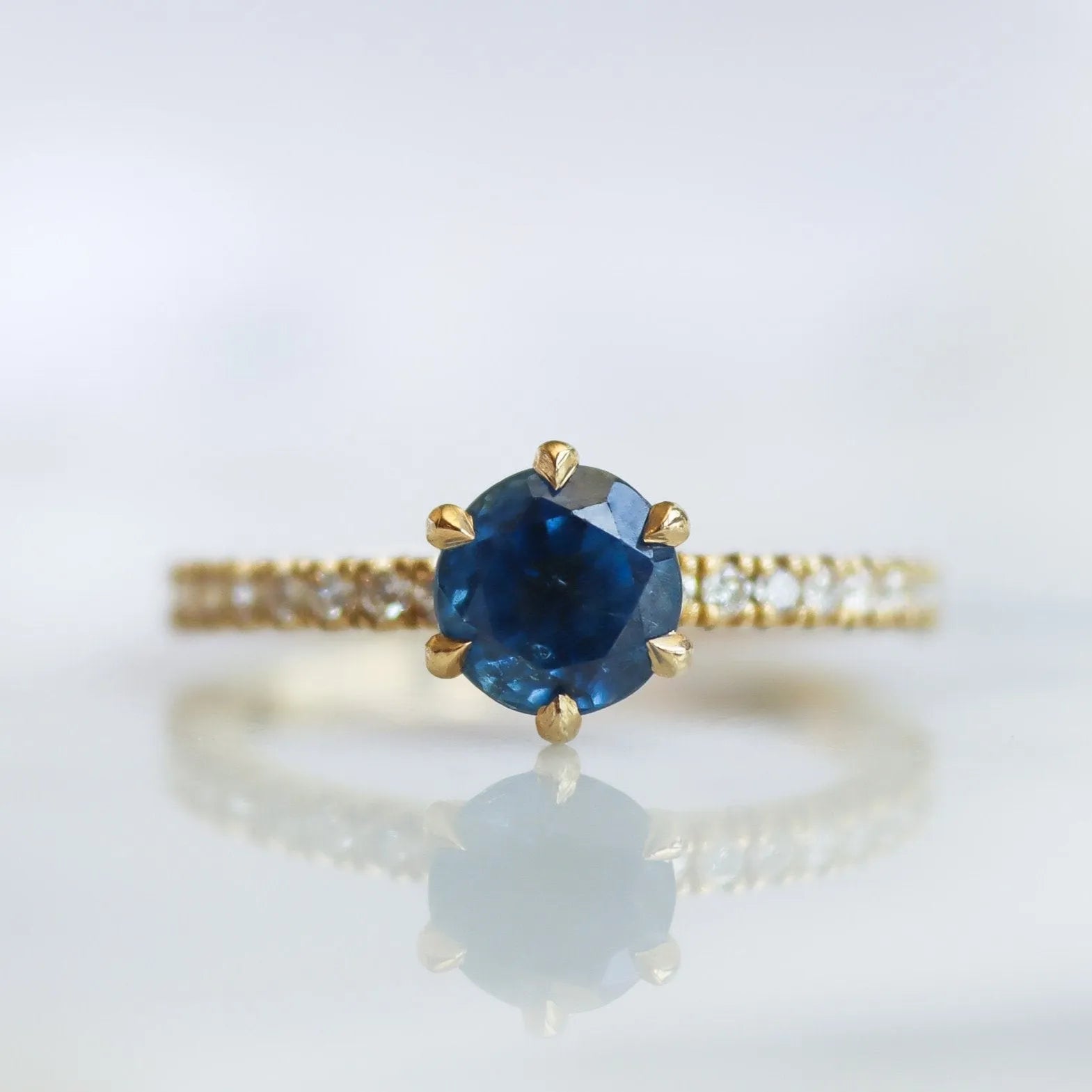 Round Blue Sapphire and Diamond Engagement Ring