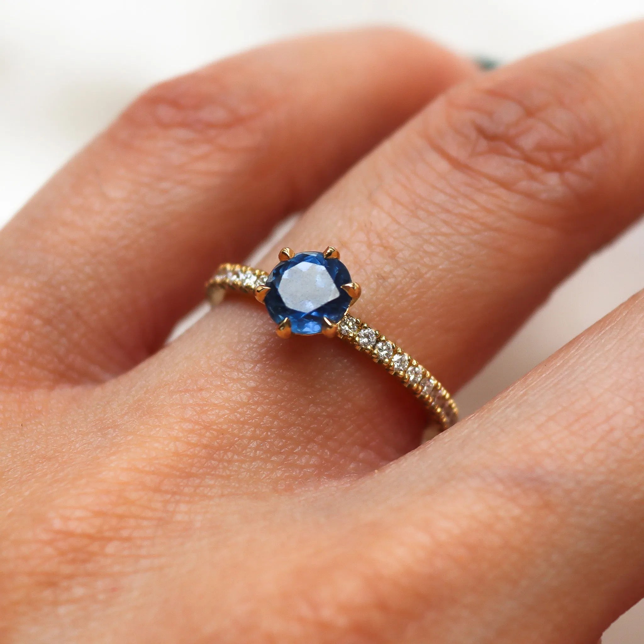 Round Blue Sapphire and Diamond Engagement Ring