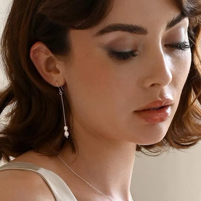 Silver Chain Pearl Drop Hook Earrings