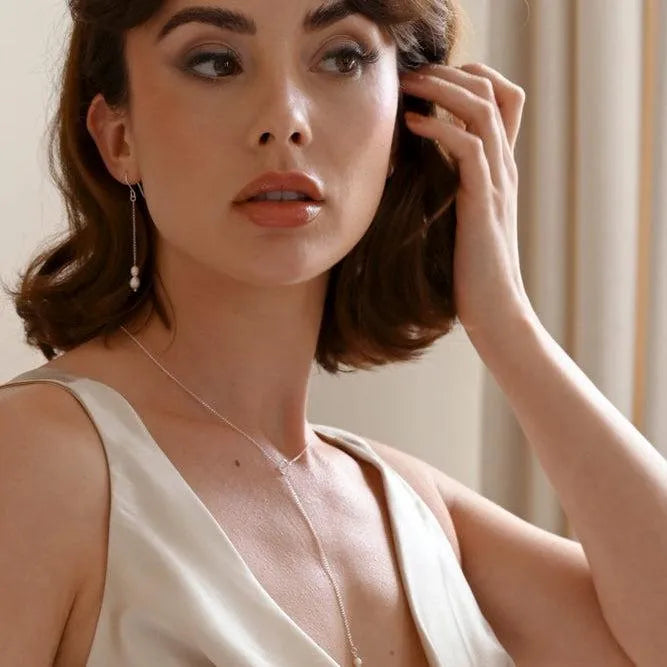 Silver Chain Pearl Drop Hook Earrings