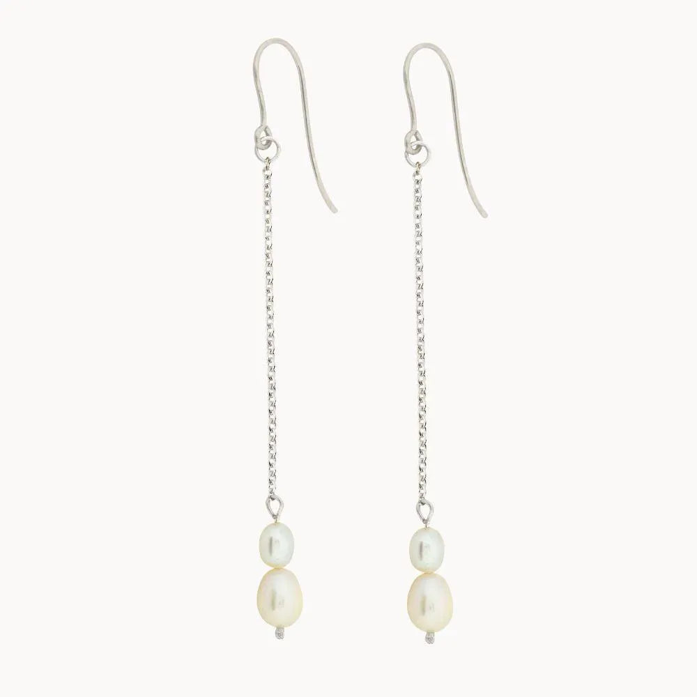 Silver Chain Pearl Drop Hook Earrings