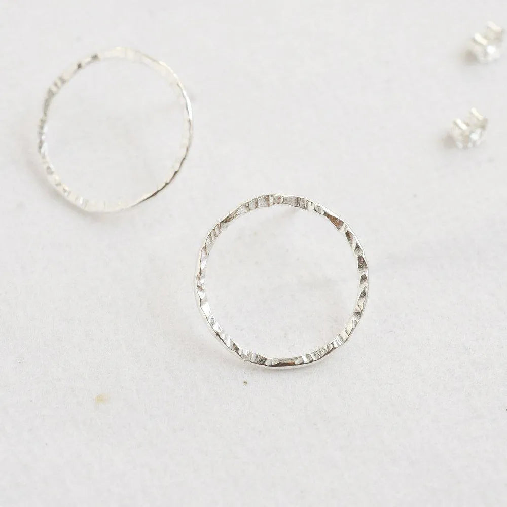 Silver Hammered Large Circle Stud Earrings