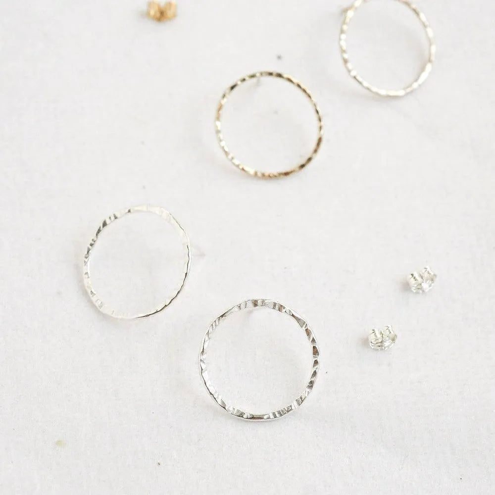 Silver Hammered Large Circle Stud Earrings