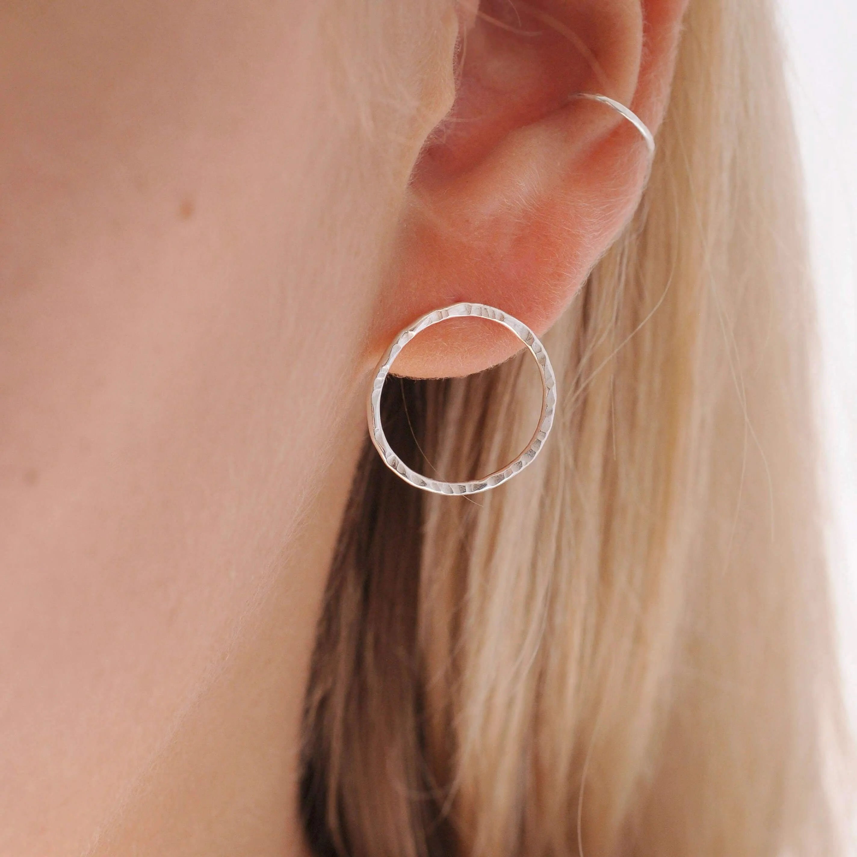 Silver Hammered Large Circle Stud Earrings