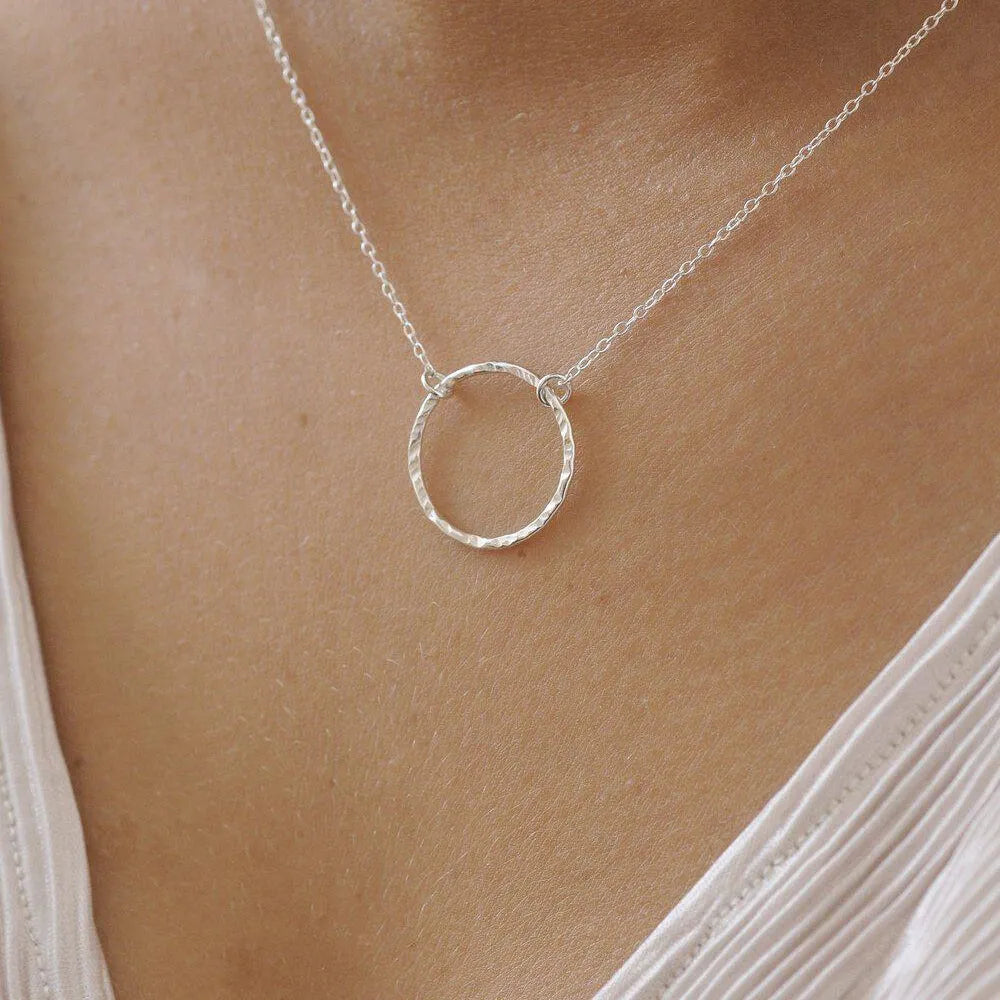 Silver Open Hammered Circle Pendant Necklace