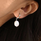 Silver Pearl Drop Huggie Hoop Earrings