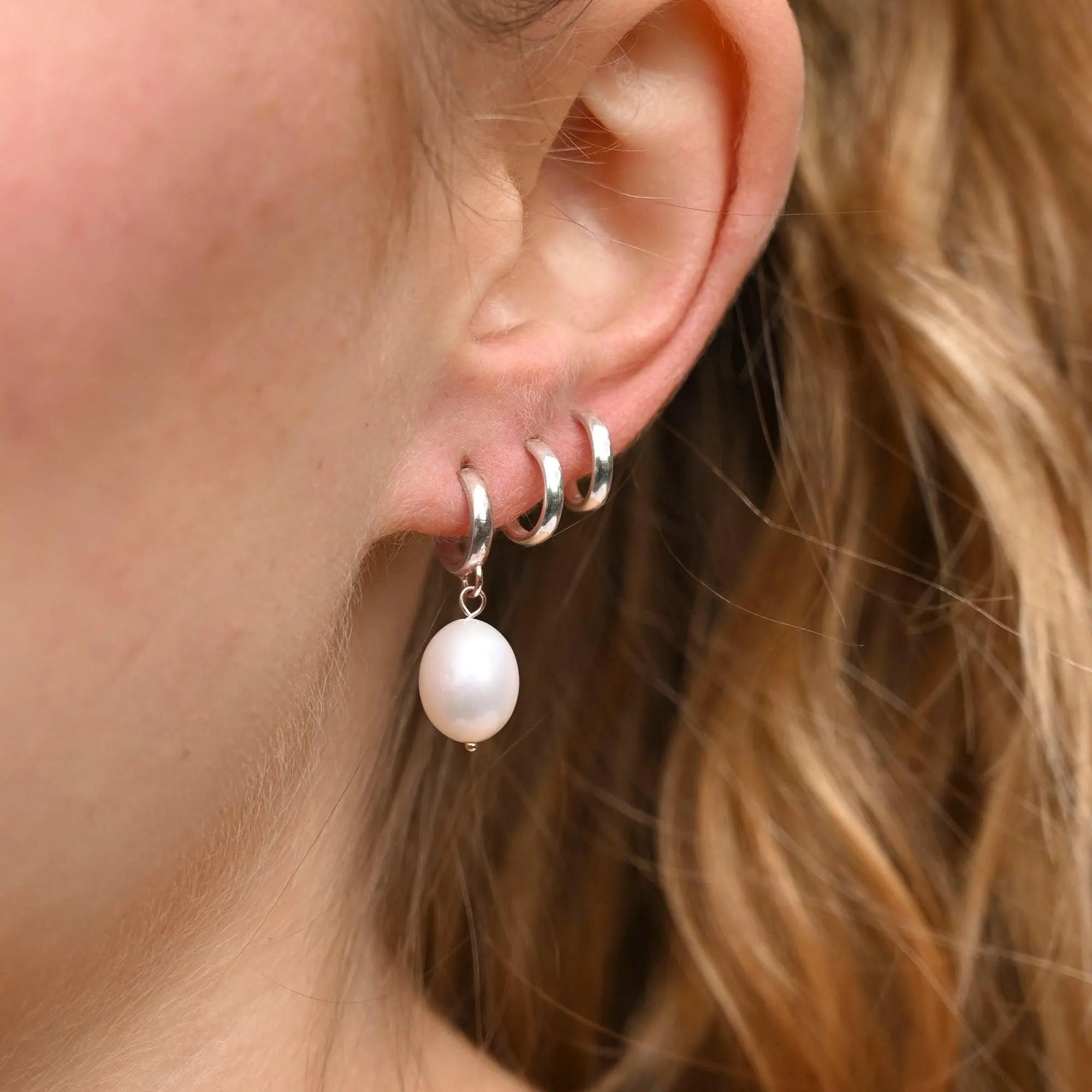 Silver Pearl Drop Huggie Hoop Earrings