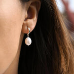 Silver Pearl Drop Huggie Hoop Earrings