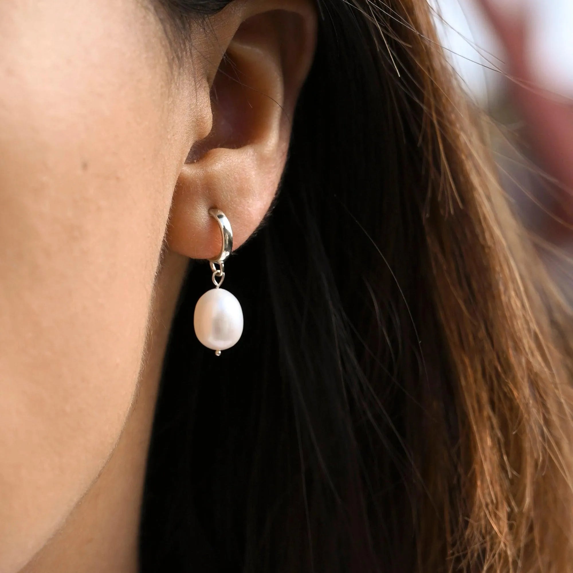 Silver Pearl Drop Huggie Hoop Earrings