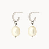Silver Pearl Drop Huggie Hoop Earrings