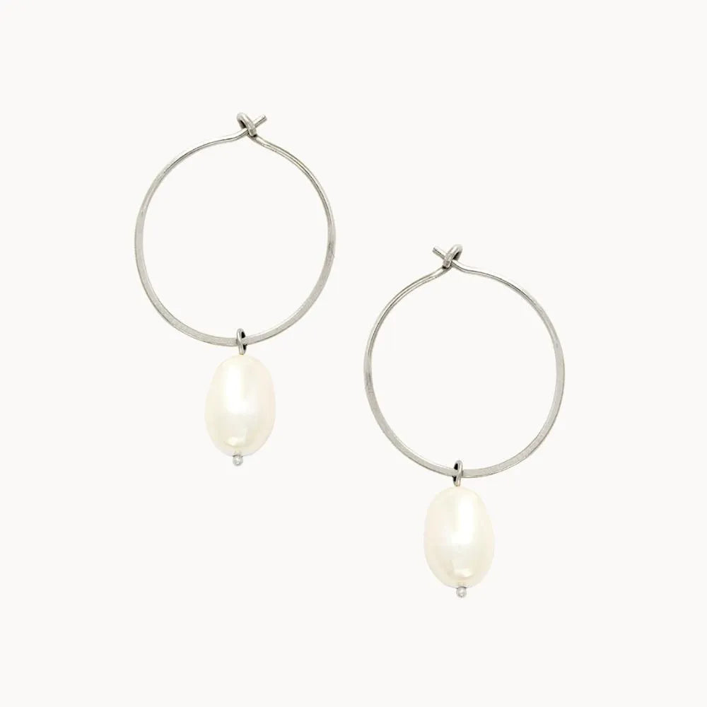 Silver Pearl Hoops