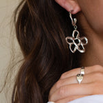Silver flower-shaped earrings and rings worn by a person with a neutral background