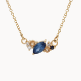 Gold necklace with blue and yellow sapphires and round diamonds