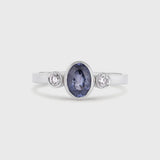 White Gold Bezel Set Blue Sapphire Engagement Ring with Round Diamonds