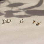 circle, bar and pebble gold stud earrings with leaf shadow