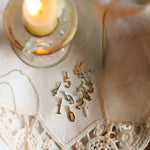 Gold necklace with various number pendants on a lace fabric with a lit candle in the background