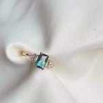 Blue/Green Sapphire Baguette with Diamond Cluster Engagement Ring