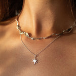 Close-up of a person wearing a delicate necklace with a star pendant.