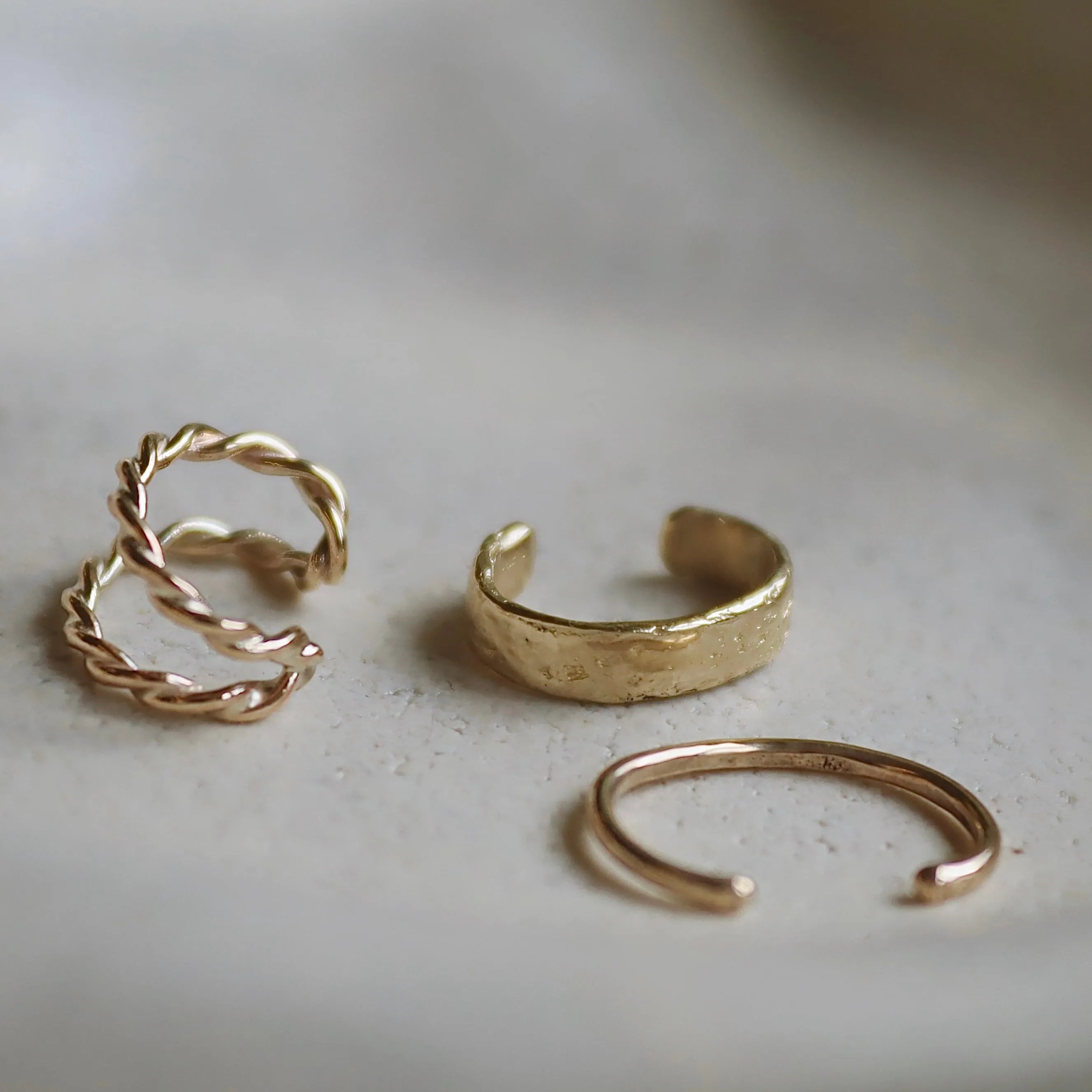 9ct Gold Delicate Hammered Conch Ear Cuff-Cartilage Piercing-Wild Fawn Jewellery