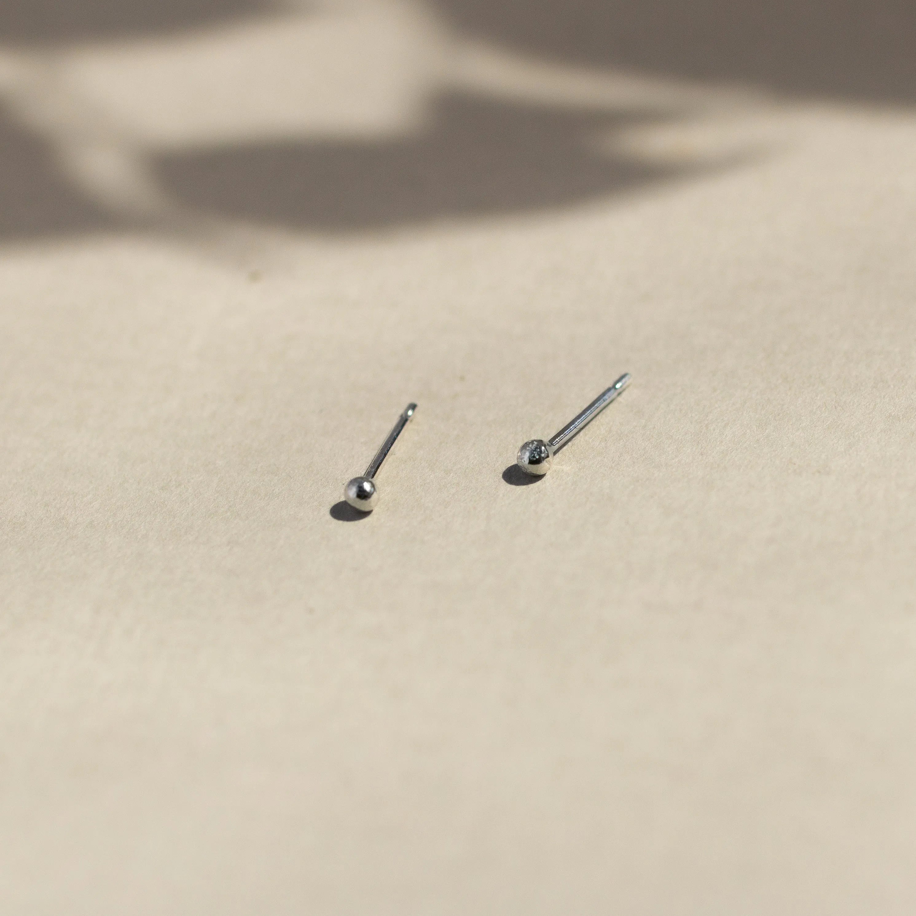 white gold tiny dot studs on beige surface with leaf shadows