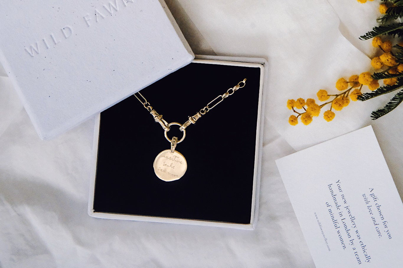 gold handwriting necklace with flowers and Wild Fawn box