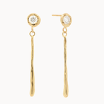 Gold earrings with round diamond studs and molten thin gold bars on a white background