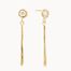 Gold earrings with round diamond studs and molten thin gold bars on a white background