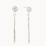 white gold earrings with round diamond stud and thin dangling molten bars on a white background