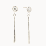 white gold earrings with round diamond stud and thin dangling molten bars on a white background