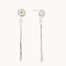 white gold earrings with round diamond stud and thin dangling molten bars on a white background