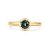 Green Blue round Sapphire Bezel Set Solitaire Engagement Ring on a white background