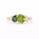 Green and Blue Sapphire Diamond Asymmetric Cluster Engagement Ring  on a white background