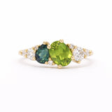 Green and Blue Sapphire Diamond Asymmetric Cluster Engagement Ring  on a white background