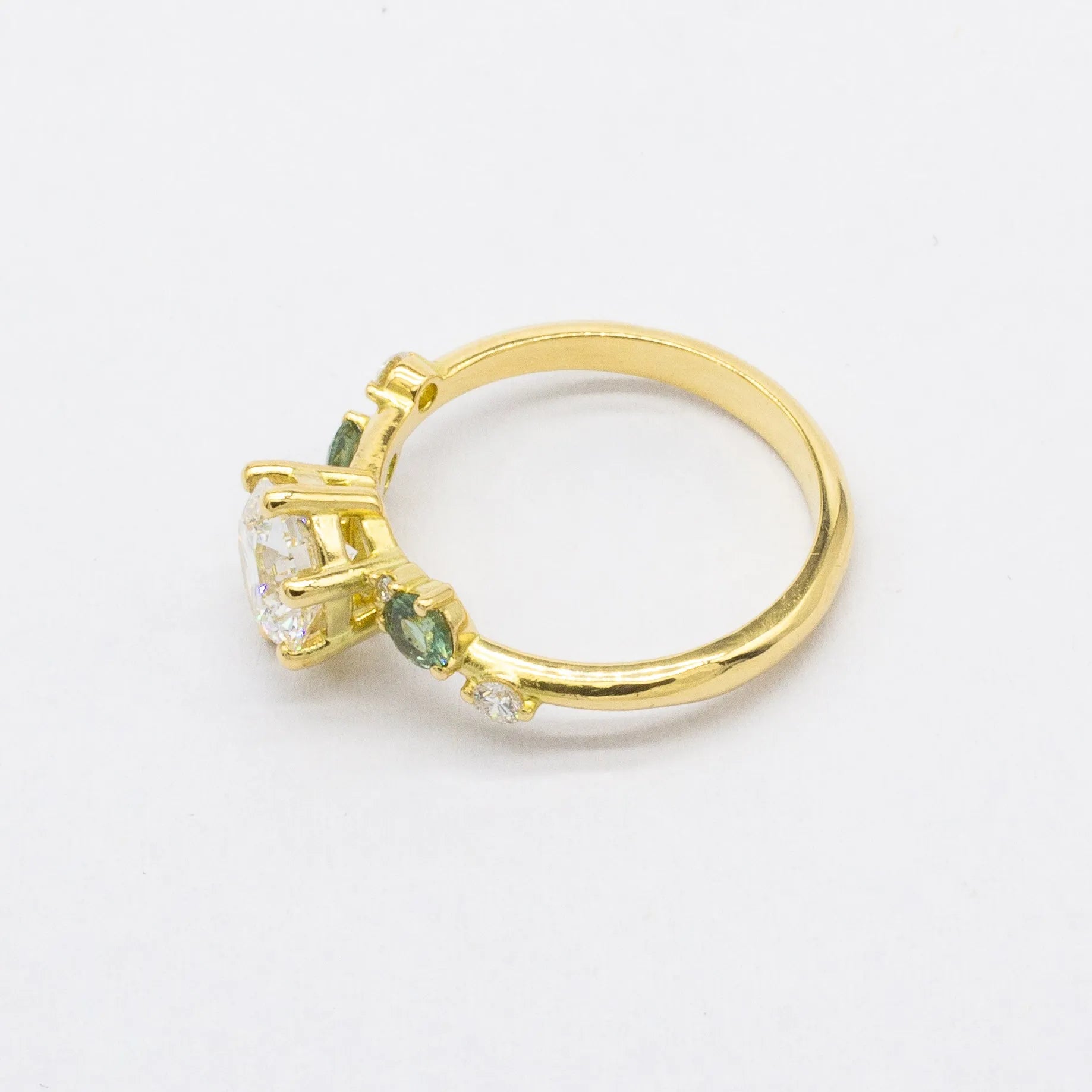 Asymmetric Diamond Engagement Ring with Scattered Diamonds and Sapphires-Engagement Rings-Wild Fawn Jewellery