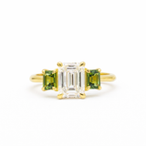 Emerald Cut Diamond Trilogy Engagement Ring with Green Sapphires-Engagement Rings-Wild Fawn Jewellery