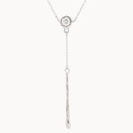 white gold y-shaped necklace with round molten diamond pendant and molten bar hanging from a chain on a white background 