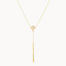 gold y-shape necklace with round diamond and long molten bar hanging pendant on a white background