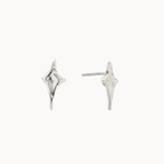 Pair of silver star-shaped stud earrings on a white background
