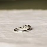back view of white gold trilogy diamond engagement ring on beige surface and green blurred background