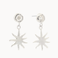 White gold diamond stud earrings with sun-shaped charms hanging off them against a white background
