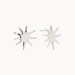 Pair of silver sun-shaped stud earrings on a white background