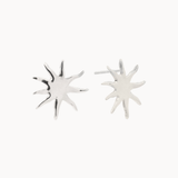Pair of silver sun-shaped stud earrings on a white background