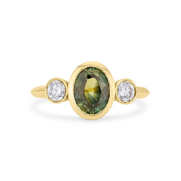 9ct Gold Green Sapphire and Diamond Bezel Engagement Ring