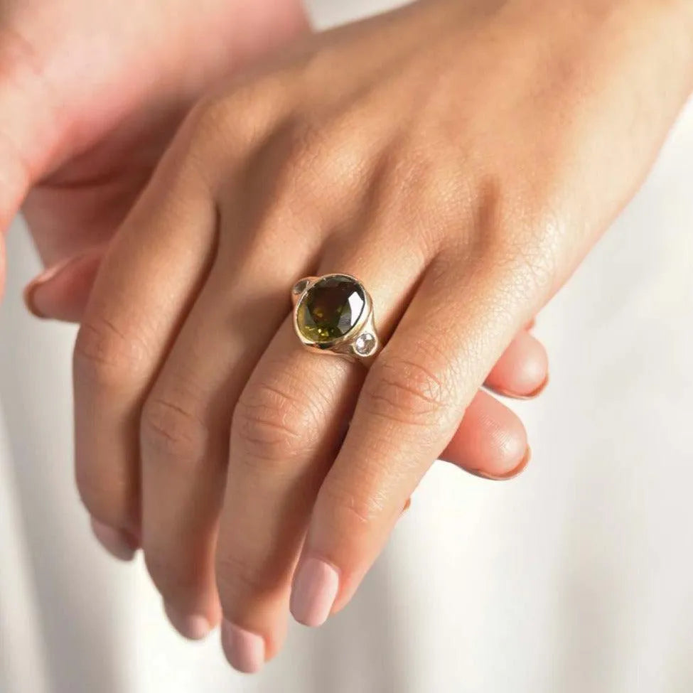 9ct Gold Green Tourmaline Three Stone Statement Engagement Ring