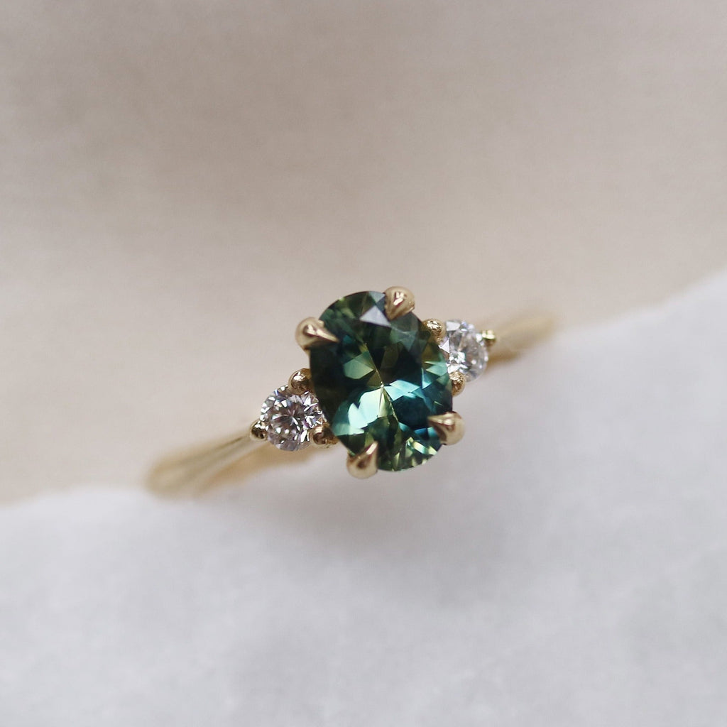 9ct Gold Three Stone Green Sapphire Lowfit Engagement Ring
