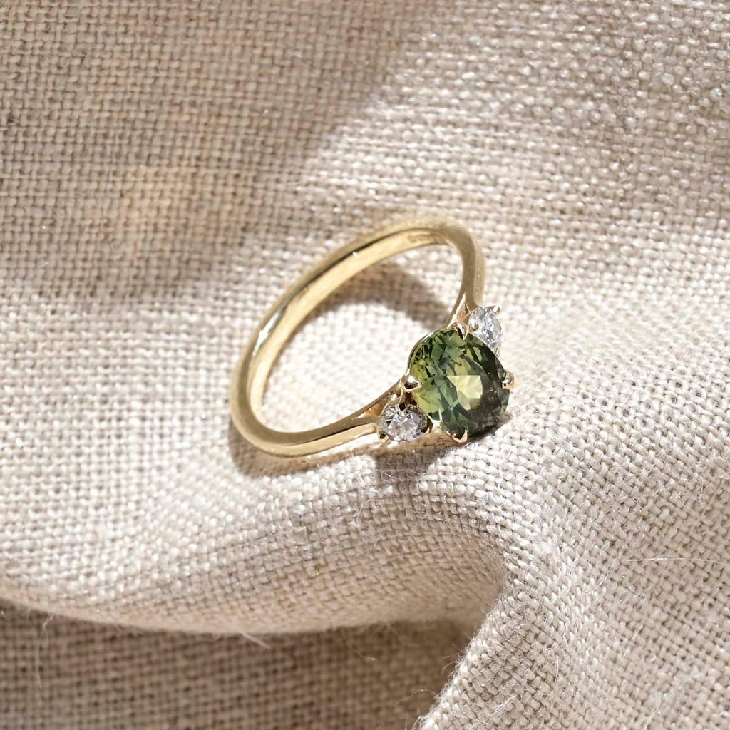 9ct Gold Three Stone Green Sapphire Wedfit Engagement Ring