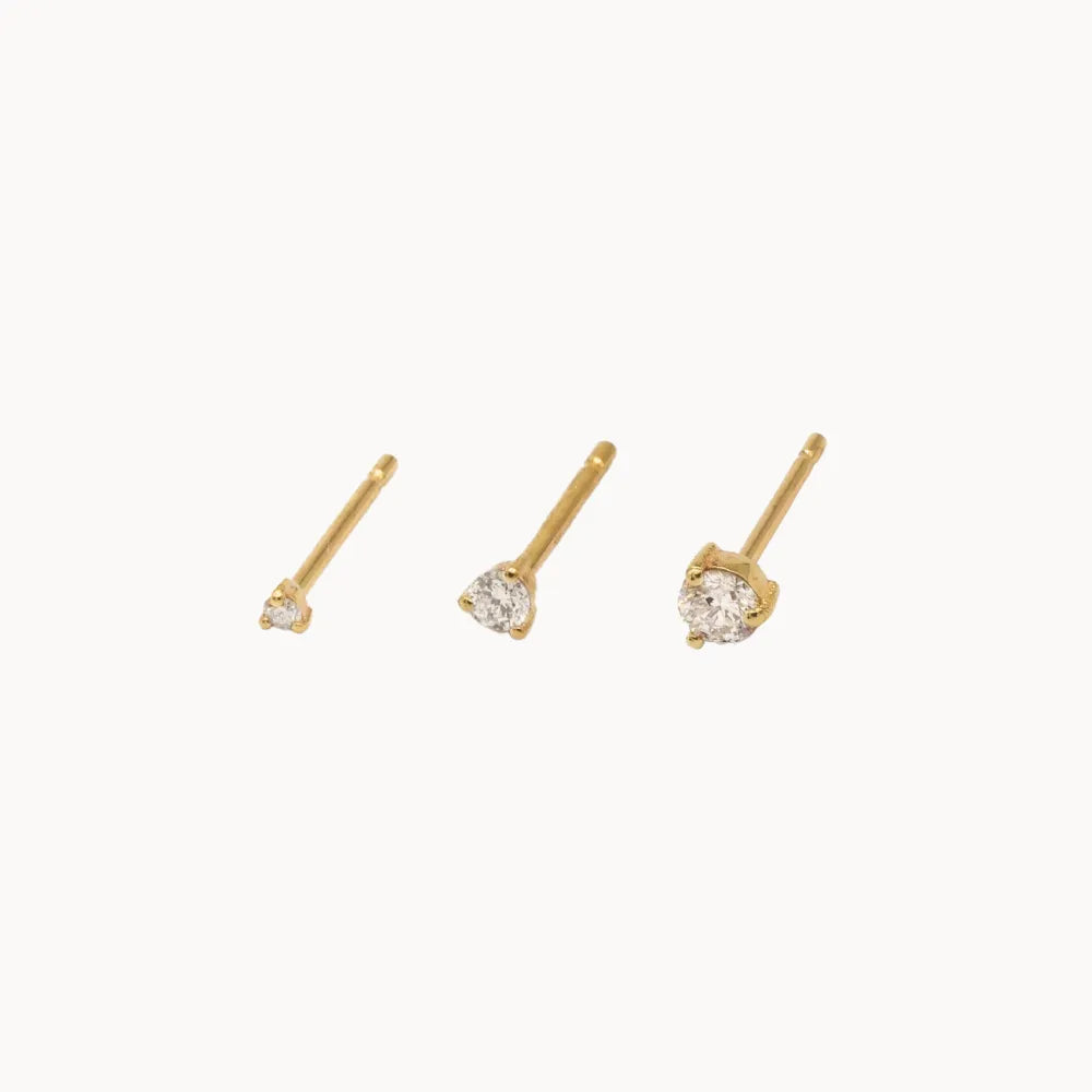 yellow gold diamond stud earrings in 1.5mm, 2mm and 3mm