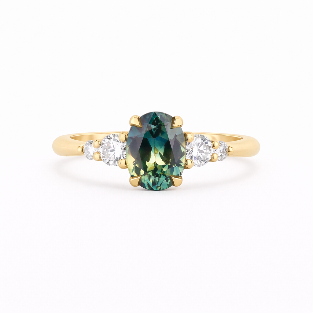 5 Stone Wed-fit Green Sapphire Engagement Ring on a white background