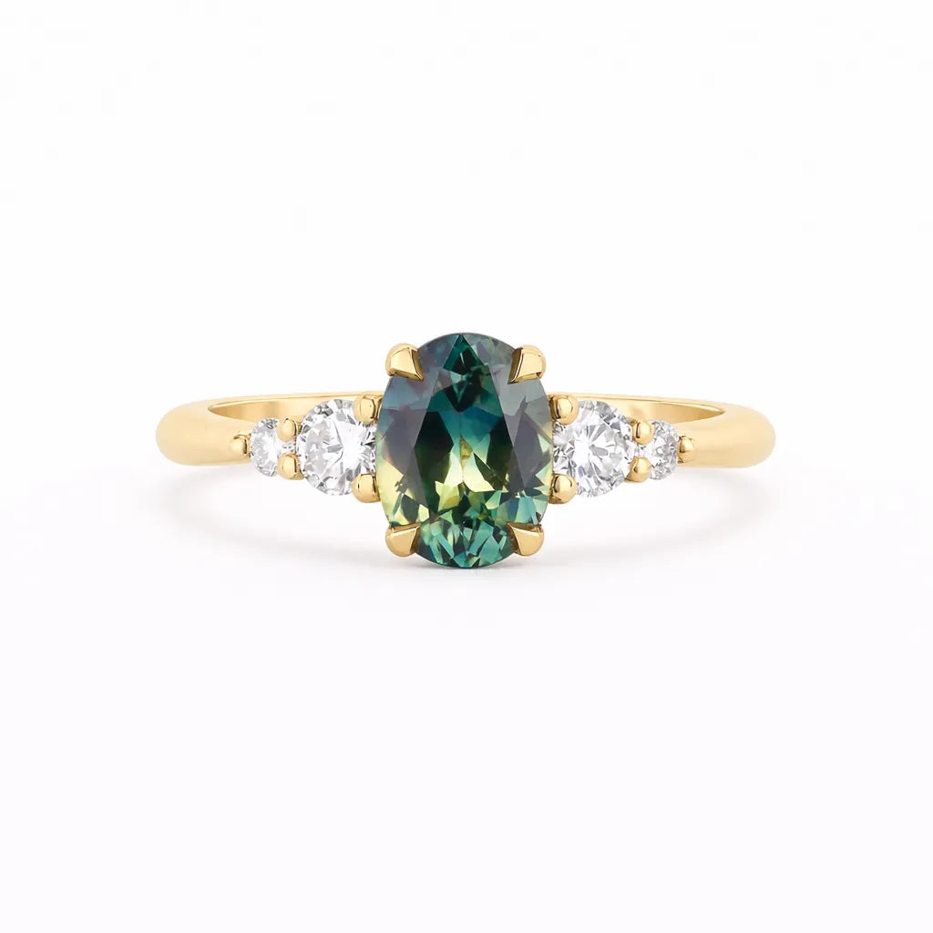 5 Stone Wed-fit Green Sapphire Engagement Ring on a white background