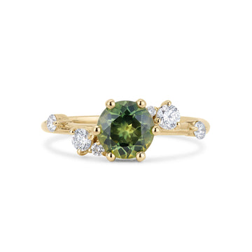 Asymmetrical Round Green Sapphire Engagement Ring with Sprinkled Diamonds